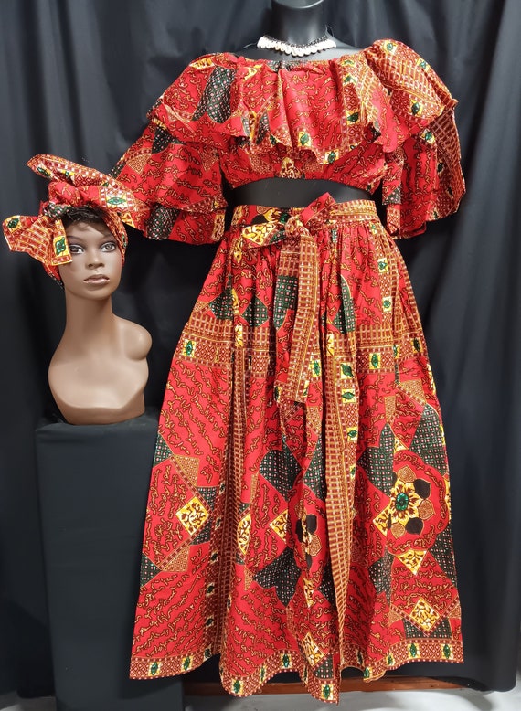 Africa print 3 pc set, Crop top 2 ruffle sleeve, on/off shoulder. Ankle length skirt with front slit, pockets and head wrap. Free Shipping.