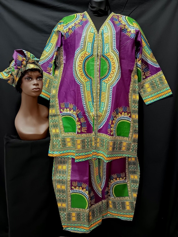 3 PC Africa inspired pants set, Jacket top, long sleeve zipper front, drawstring waist pants and matching headwrap. 20% off, Free Shipping.