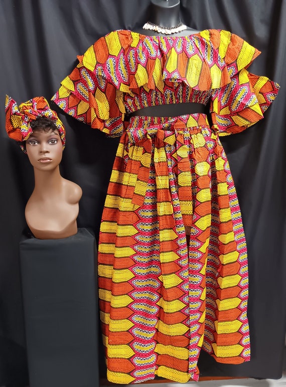 Africa print 3 pc set, Crop top 2 ruffle sleeve, on/off shoulder. Ankle length skirt with front slit, pockets and head wrap. Free Shipping.