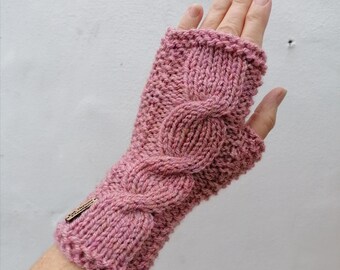 Hand Knit Pink Gloves, Ladies Fingerless Wristwarmers, Kath Heywood Designs, UK