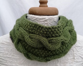 Green Aran Cowl, Cable Knitted Snood, Hand Knit Scarf, Kath Heywood Designs, UK Seller