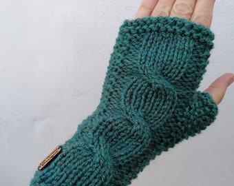 Green Tweed Hand Knitted Women's Gloves, Cable Knit, Fingerless Gloves, Kath Heywood Designs, UK