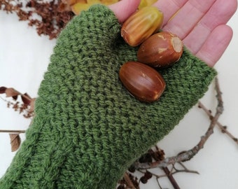 Women's Green Fingerless Gloves, Hand Knitted Gloves, Aran Wool Blend, Kath Heywood Designs, UK