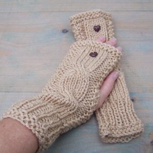 Women&#39;s Hand Knitted Fingerless Gloves, Camel Wristwarmers, Aran Cable Knit, Kath Heywood Designs, UK