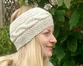 Women's Knitted Headband, Aran Knit, Cable Ear Warmers, Kath Heywood Designs, UK