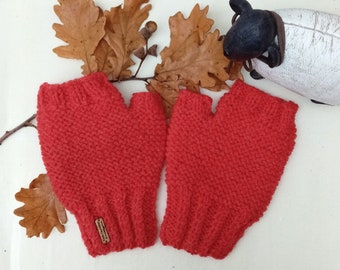 Fingerless Gloves, Cherry Red Mittens, Hand Knit Women's Gloves, Kath Heywood Designs, UK