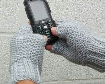 Men's Hand Knitted Fingerless Gloves, Grey Mittens, 20% Woollen Gloves, Kath Heywood Designs, UK