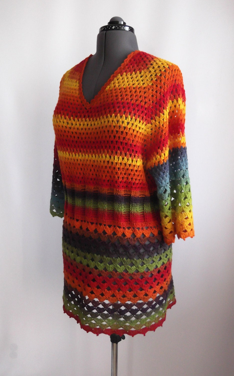 Women Crochet Dress Crochet Warm Dress Rainbow Dress Crochet Tunic Stripe Dress Big Size Crochet Dress Orange Dress Boho Crochet Dress - 