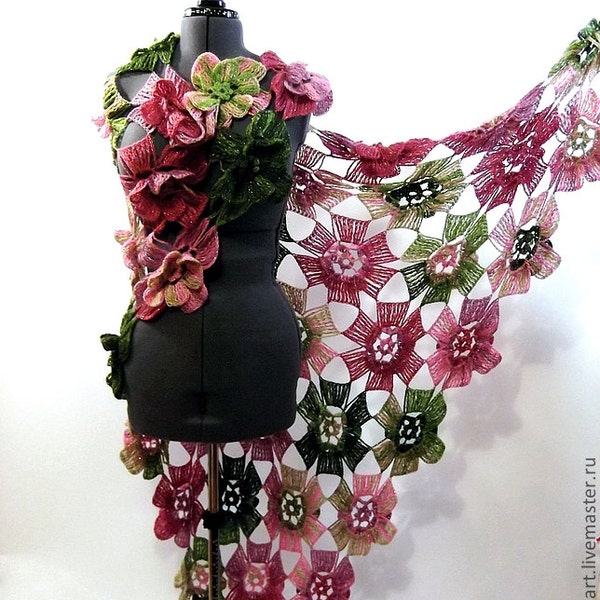 Crochet Warm Woman Big Shawl  Rose Green Pink Flowers