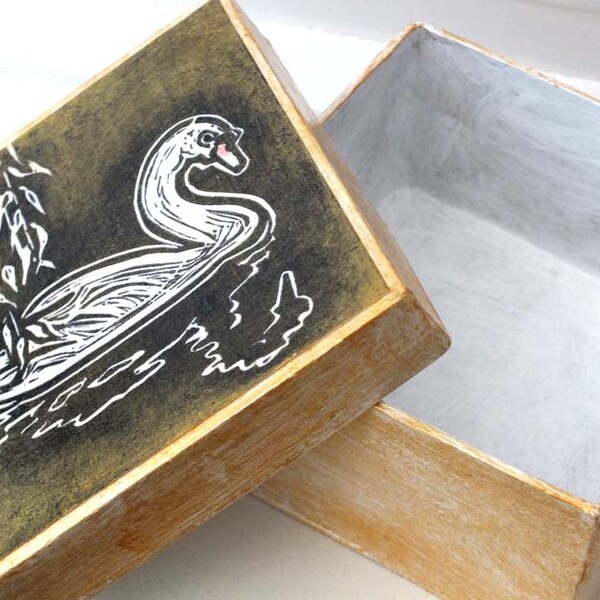 Valentine Gold & Black Papier Mache Box, Handprinted Linocut Swan, Jewellery Box, Trinket box