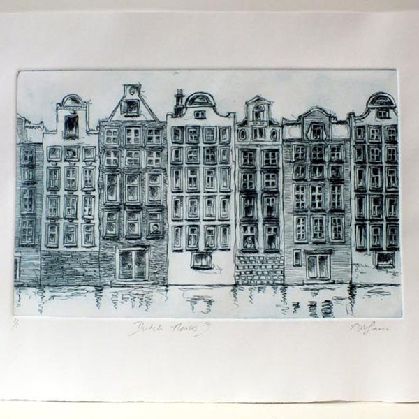 Dutch Houses Signed Original Drypoint Print, Black and White