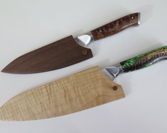 Knife Saya in curly maple or walnut, for any knife sold by Ikigai Knives chef knife.  Wooden saya