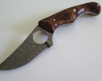 USA forged Damascus skinning knife Forged in the USA w/ stabilized golden amboyna burl handle