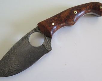 USA forged Damascus skinning knife Forged in the USA w/ stabilized golden amboyna burl handle