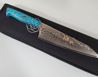 Cu Mai Damascus VG10 Chef knife 8"  Blue Turquoise handle, kitchen knife 28 layer Brass copper Damascus Made in Canada
