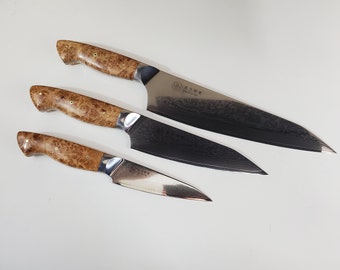 3pc set damascus cuchillos de chef w / estabilizado Mango de madera burl cuchillo de chef único mejor cuchillo de cocina, regalo de chef, regalo para él