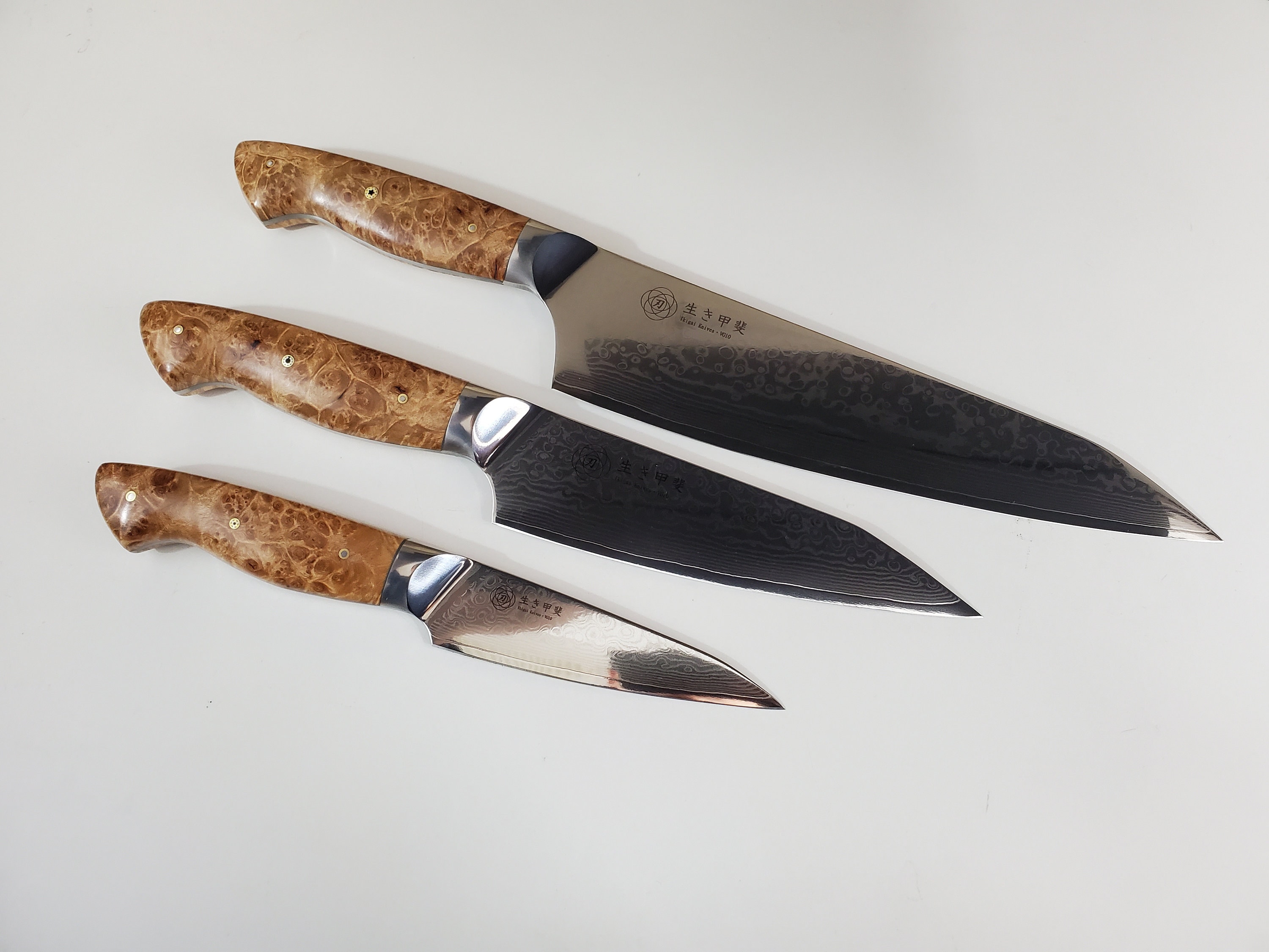 3pc Set Damascus Chef Knives W/ Stabilized Wood Handle Burl 3pc Set Damascus Chef Knives W/ Stabilized Wood Handle Burl