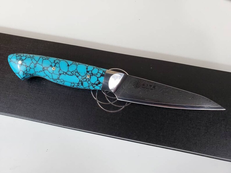 May include: A kitchen knife with a turquoise and black patterned handle and a Damascus steel blade.