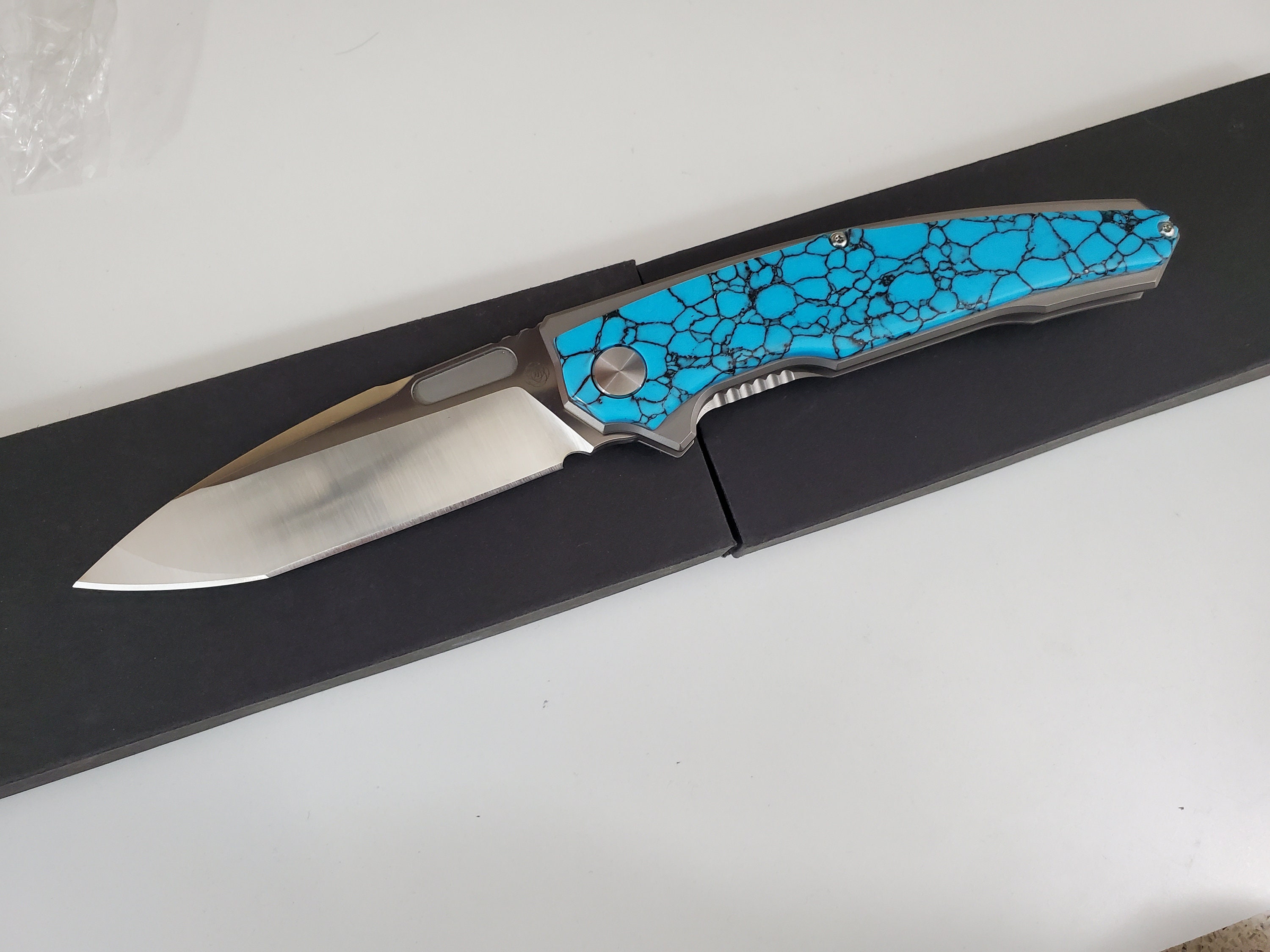Blue Turquoise S35VN Titanium liner lock Tactical custom pocket knife, frame lock high end folding front flipper EDC gear Husbands gift