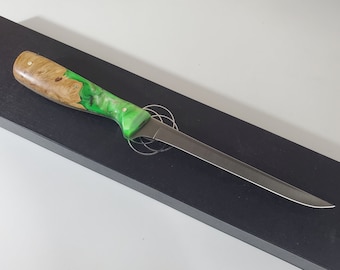 Fishing 7" Fillet Knife Blade, Resin and burl, Pinecone, trustone handle, AEB-L steel highly flexible, razor sharp