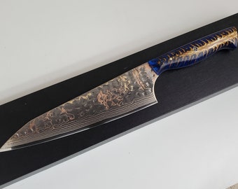 Rainbow Damascus Br Cu Mai VG10 Chef knife 8"  Resin and Pinecone handle, kitchen knife 28 layer Brass copper Damascus Made in Canada