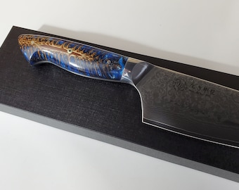 Custom Damascus chef knife VG10 Hybrid Santoku 9" Blue/Black/Silver cast pine cone handle, kitchen knife w/ 67 layer SS Damascus