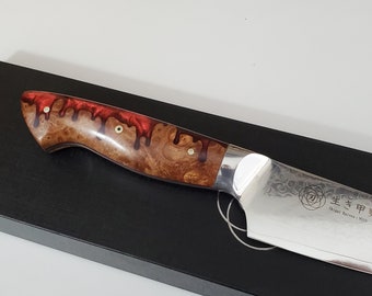 Custom VG10 Damascus chef knife steel 6" Blood drip handle, Cast stabilized burl, kitchen knife w/ 67 layer SS Damascus Red blood drip