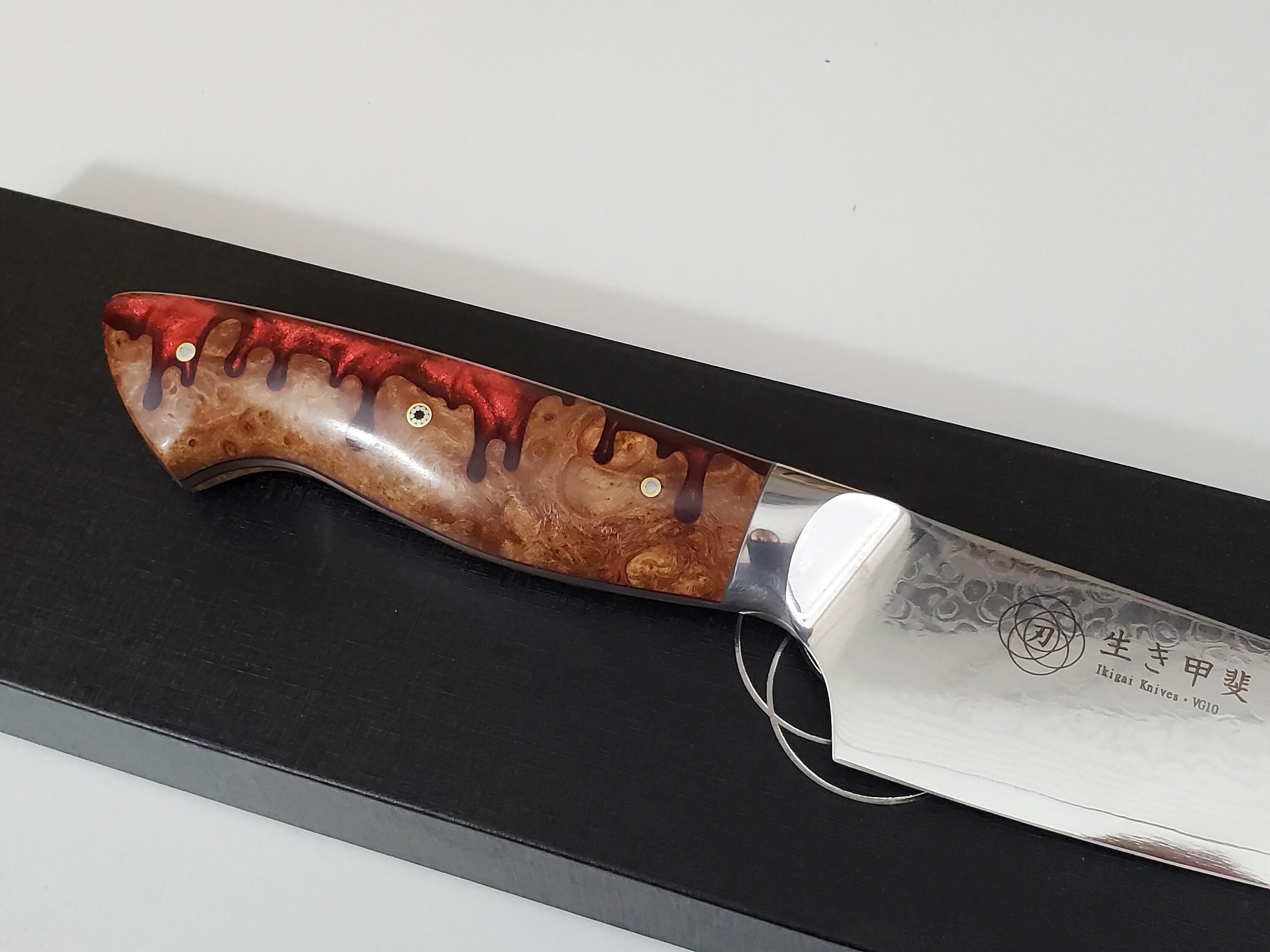 Custom Damascus Chef Knives 3pc Set VG10 Resin Cast Burl Handle