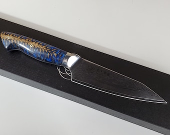 6" Damascus chef knife VG10 Custom style Kiritsuki 6" Blue/Black/Silver cast pine cone handle, kitchen knife w/ 67 layer SS Damascus