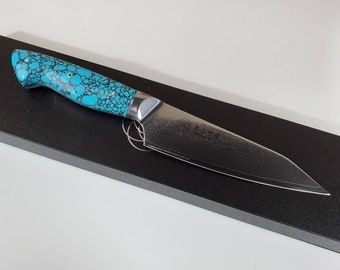 Damascus chef knife San Mai VG10 6&quot; Turquoise Gemstone composite handle, kitchen knife w/ 67 layer SS Damascus Japanese style