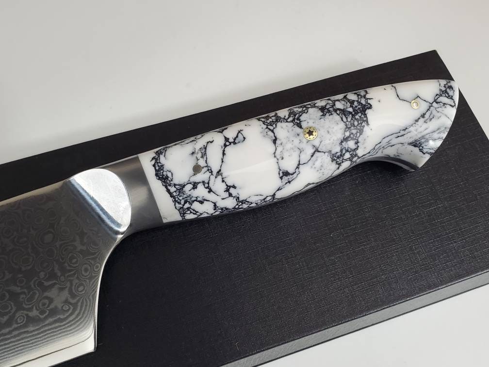 ホワイトターコイズカスタムダマスカスVG10シェフナイフ9インチ