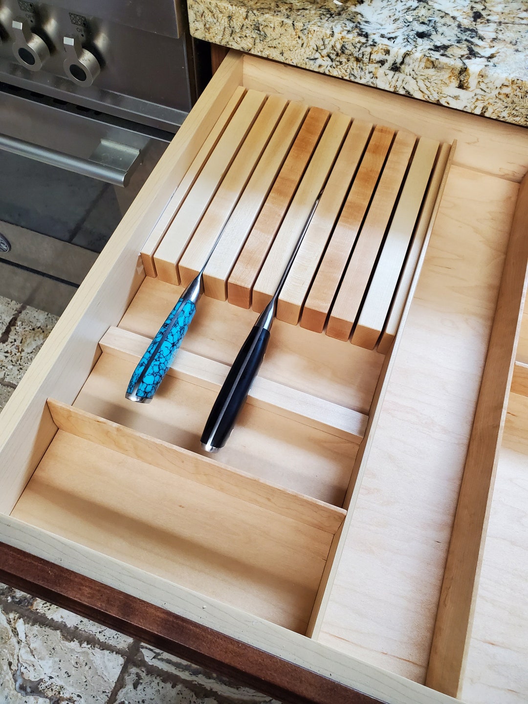 Maple Tiered in-drawer knife block bustom-built