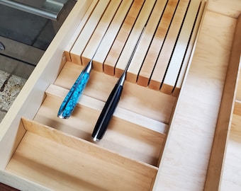 Large knife drawer organizer insert cut to size premium walnut or Maple modular system with knife block, spice tray, container option