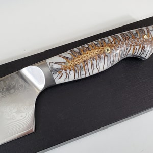 Large Damascus chef knife VG10 Japanese style Hybrid Santoku White/Grey/Silver  cast pine cone handle, kitchen knife handmade Canada