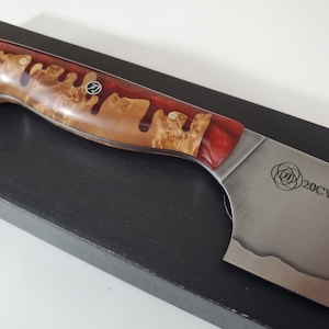 Custom 8&quot; chef knife CPM 20CV super steel Red Blood Drip handle Acid Etched blade Made in Canada pinecone kitchen knife, best chef gift