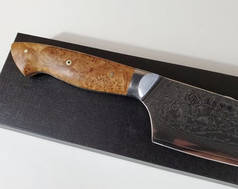 Damascus chef knife VG10 Custom Hybrid Santoku style 9" Stabilized Maple Burl handle, kitchen knife w/ 67 layer SS Damascus, forged knife