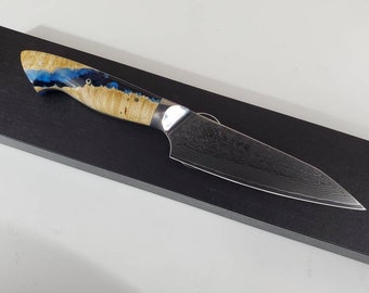 Custom chef knife Japanese damascus Chef knife 9" Blue Transparent cast resin handle, kitchen knife, malle burl VG10, best chef gift forged