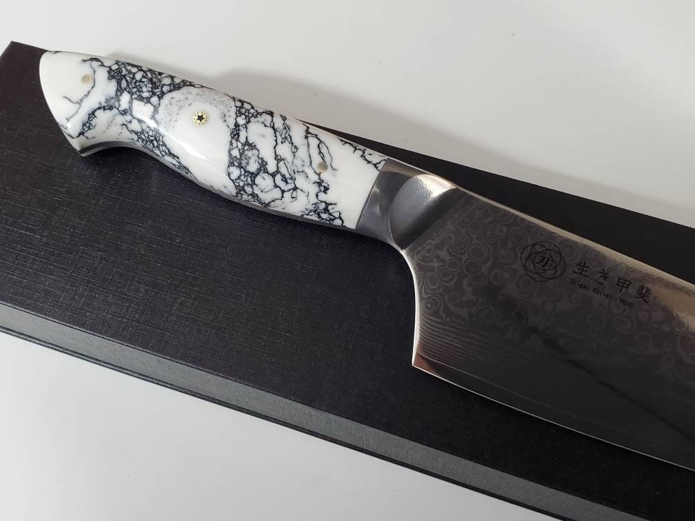 V10ダマスカスぺティナイフ ホワイトターコイズハンドル ホワイトターコイズカスタムダマスカスVG10シェフナイフ9インチ