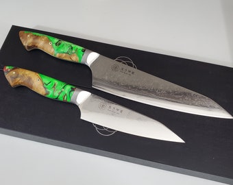 Cuchillos de chef damasco personalizados 2pc set VG10 Resina Cast Burl mango, cuchillo de chef único cuchillo de cocina de piña, mejor regalo de chef
