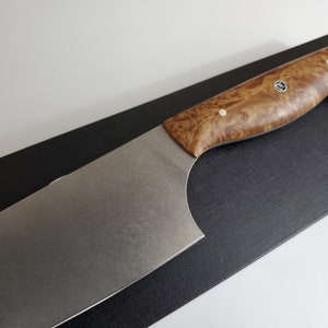 Custom chef knife CPM 20CV super steel Stabilized Maple Burl handle rock tumbled blade Made in Canada pinecone kitchen knife, best chef gift