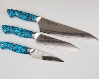 Juego de cuchillos de chef de Damasco VG10, mangos compuestos de piedras preciosas, cuchillo de chef único, cuchillo de cocina de piña, el mejor regalo de chef, cuchillo hecho a mano de Canadá