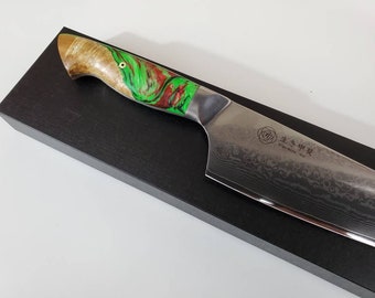 VG10 Damascus chef knife stabilized burl cast in alien green resin handle custom hybrid style 9" blade, knife w/ 67 layer SS Damascus