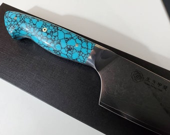 Custom Hybrid Santoku Chef knife VG10 9" Turquoise Gemstone composite handle, kitchen knife w/ 67 layer SS Damascus Japanese style