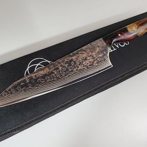 Br Cu Mai Rainbow Damascus VG10 Chef knife 8&quot;  Black/Red Resin and Burl handle, kitchen knife 28 layer Brass copper Damascus Made in Canada