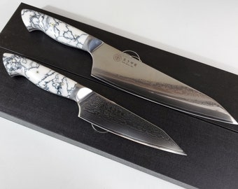 Custom Hybrid Santoku Chef knife VG10 2pc set Turquoise Gemstone composite handle, kitchen knife w/ 67 layer SS Damascus