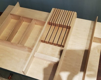 Bespoke custom Large Drawer organizer built in knife insert cut to size cutlery tray premium walnut maple knife block, any size solid wood