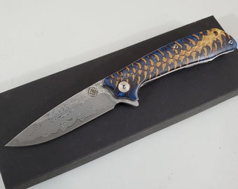 Custom pocket knife VG10 San Mai Damascus SS Bearings, Fast open folding EDC knife, liner lock, Cast pine cone handle, sharp handmade
