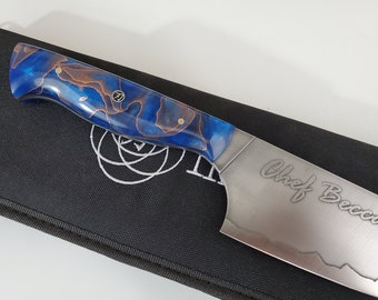 Custom chef knife CPM 20CV super steel 8" raised Engraving handle Acid Etched blade Made in Canada pinecone kitchen knife, best chef gift