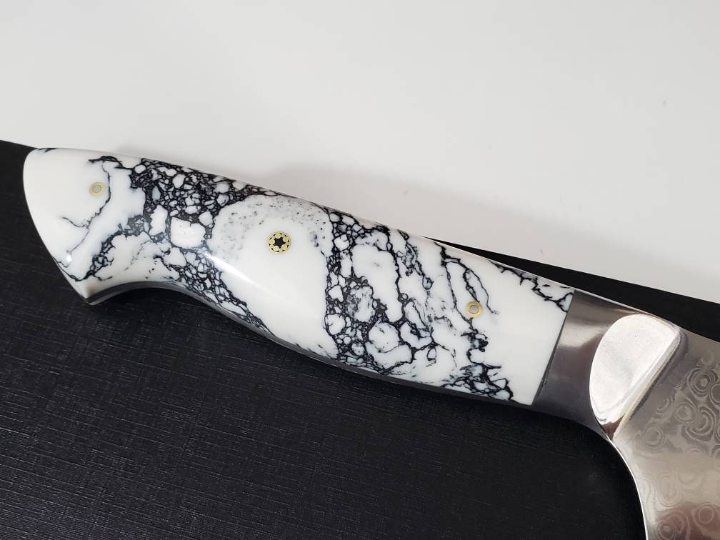 ホワイトターコイズカスタムダマスカスVG10シェフナイフ9インチ