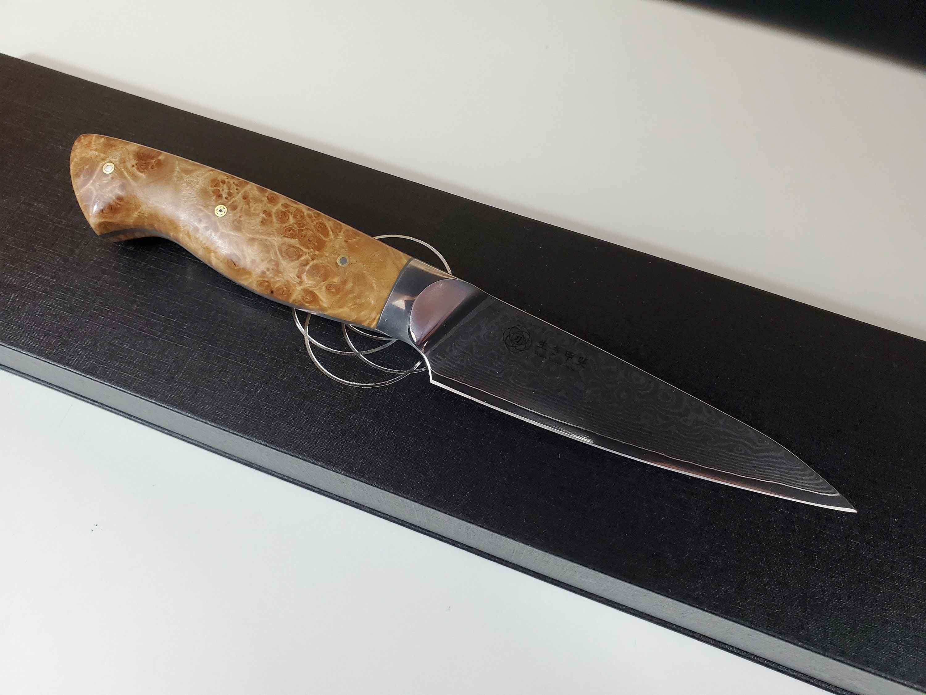 3pc Set Damascus Chef Knives W/ Stabilized Wood Handle Burl 3pc Set Damascus Chef Knives W/ Stabilized Wood Handle Burl